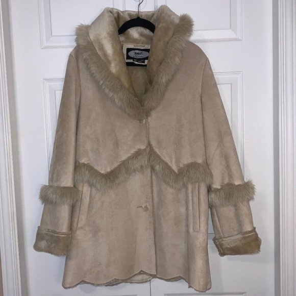 Vintage Faux Suede Coat Women’s Size Medium M. E. Internationale Long Fur Beige - Picture 2 of 11